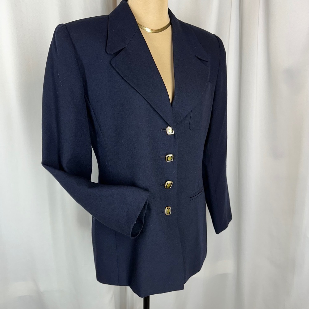 Le Suit Petite Navy Blazer Size 8P Gold Cameo Button Career Jacket